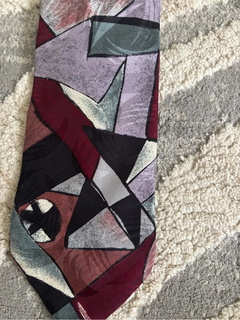 Mario Valentino Geometric Silk Tie in Burgundy, Black, Gray and Green